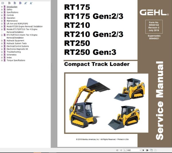 GEHL Compact Track Loader RT175 to RT250 Gen3 Service Manual 50940164 REVC