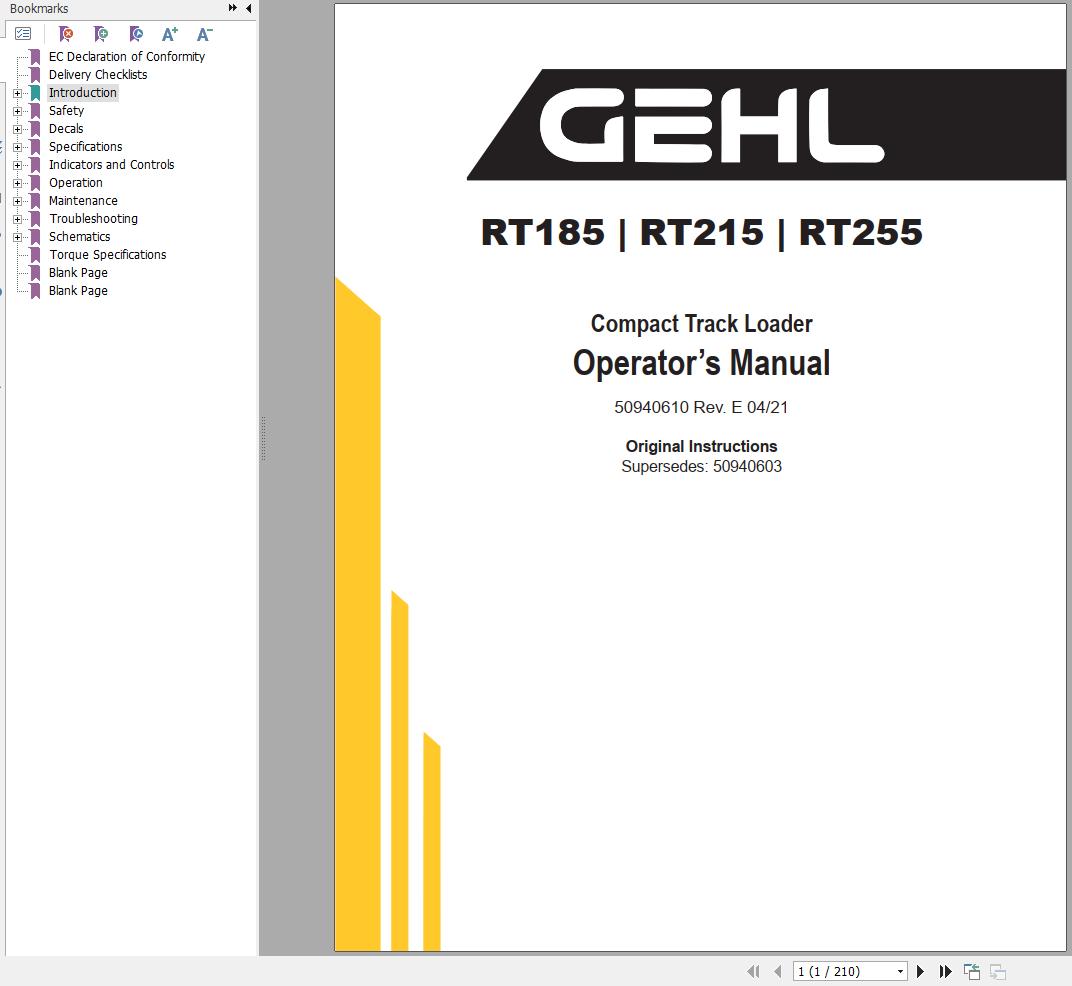 GEHL Compact Track Loader RT185 RT215 RT255 Operators Manual 50940610D