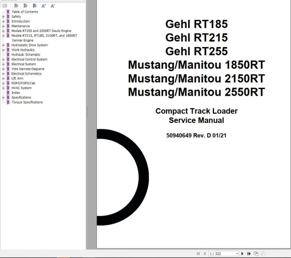 GEHL Compact Track Loader RT185 RT215 RT255 Service Manual 50940649 REVD