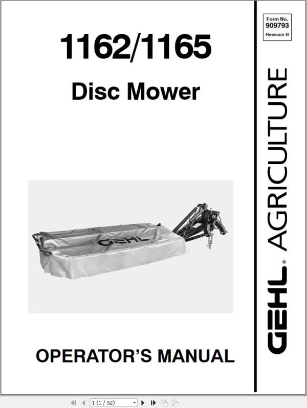 GEHL Disc Mower 1162 1165 Operators Manual 909793B