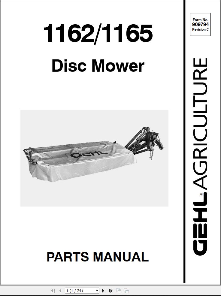 GEHL Disc Mower 1162 1165 Parts Manual 909794C