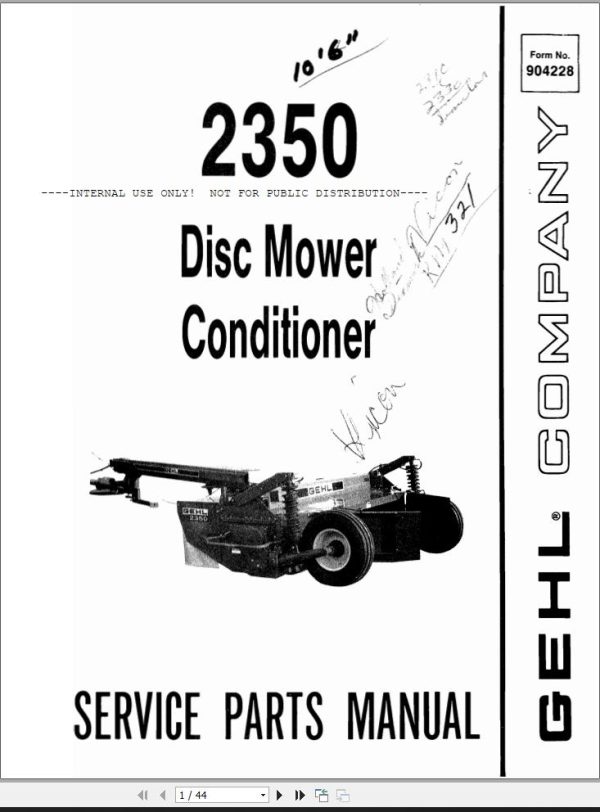 GEHL Disc Mower Conditioner 2350 Service Parts Manual 904228A