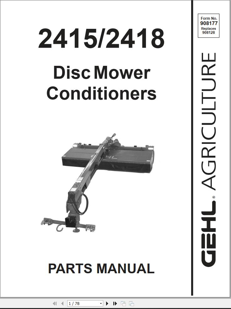 GEHL Disc Mower Conditioner 2415 2418 Parts Manual 908177A