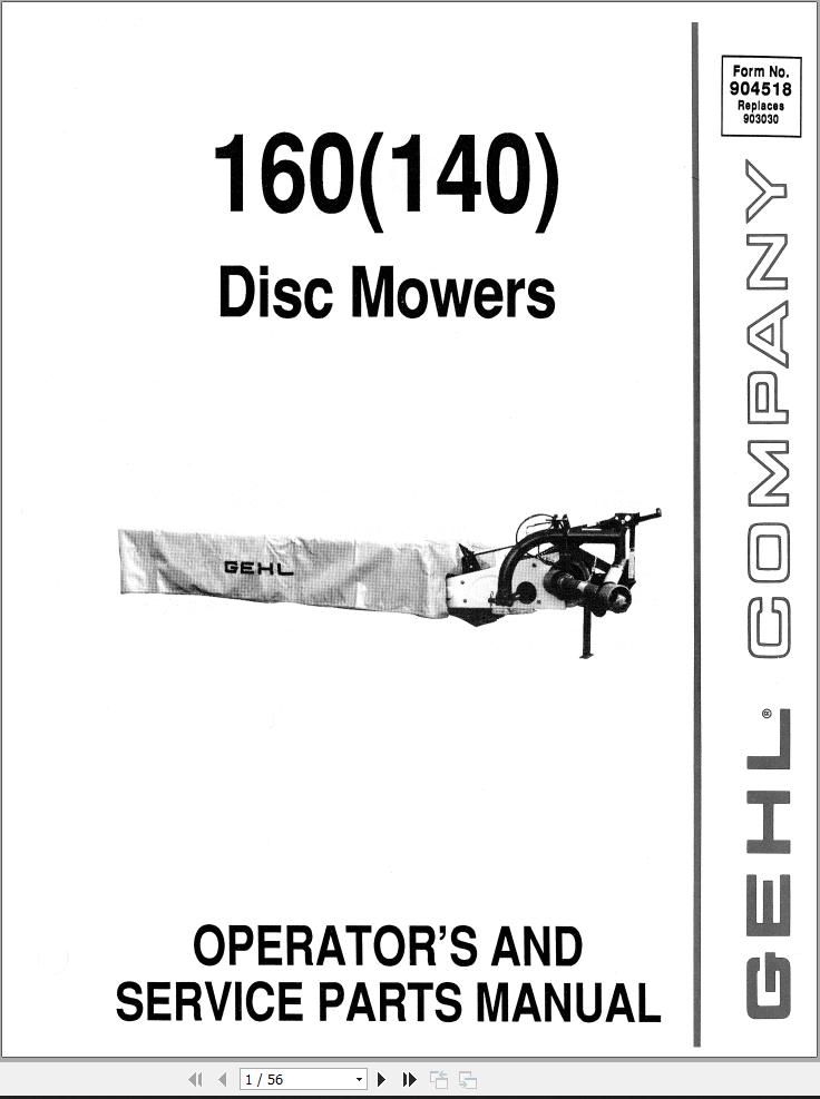 GEHL Disc Mowers 160 140 Operators and Service Parts Manual 904518A