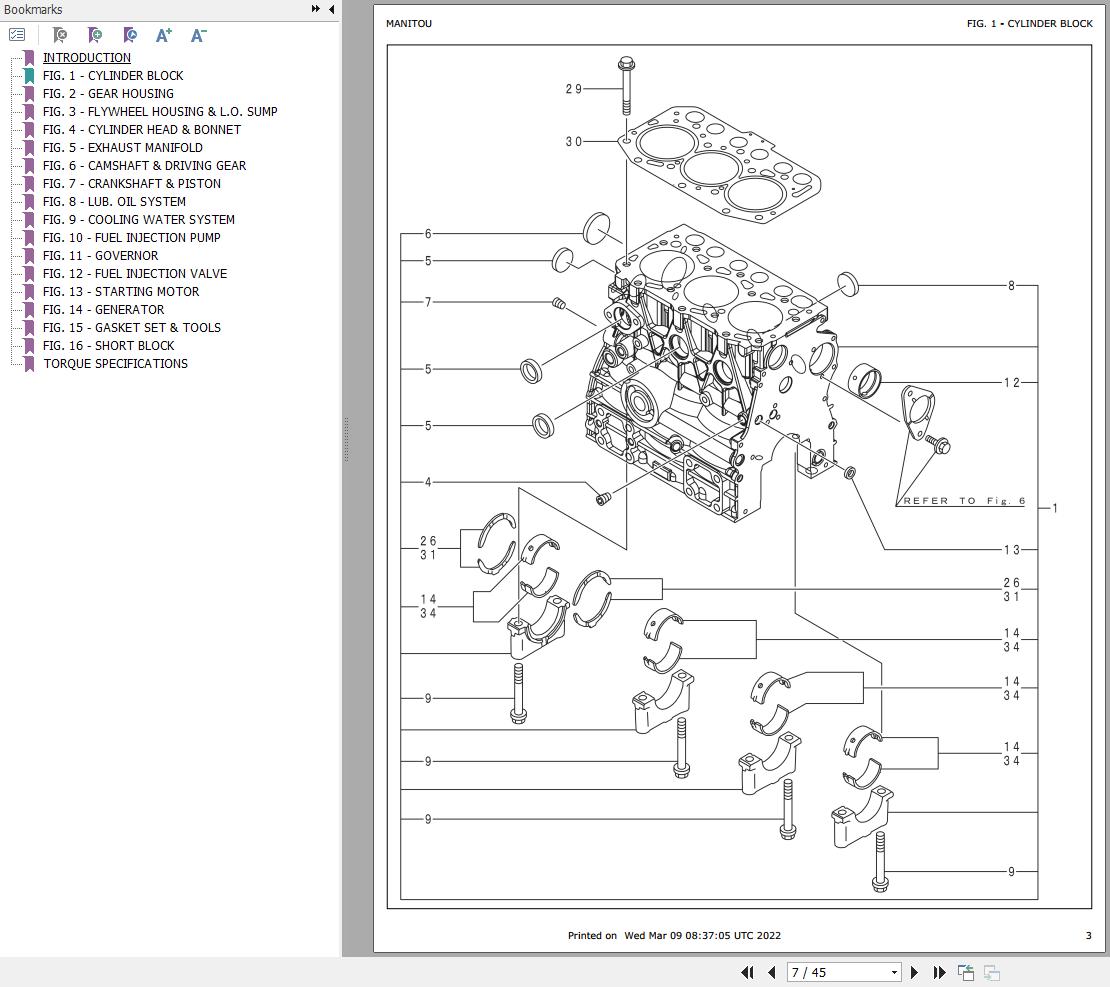 GEHL Engine 3TNV70 XBV Parts Manual 50940095