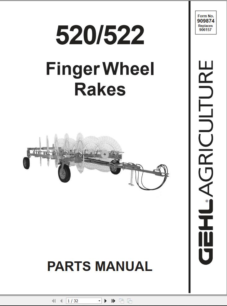 GEHL Finger Wheel Rakes 520 522 Parts Manual 909874A