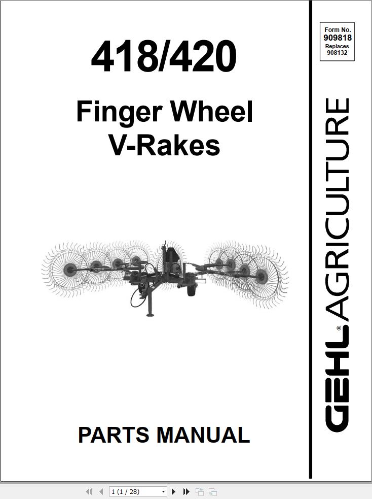 GEHL Finger Wheel V Rakes 418 420 Parts Manual 909818A