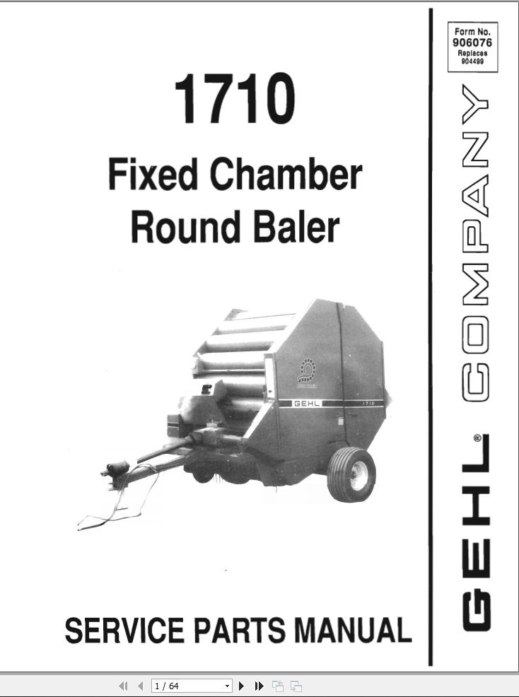 GEHL Fixed Chamber Round Baler 1710 Service Parts Manual 906076A
