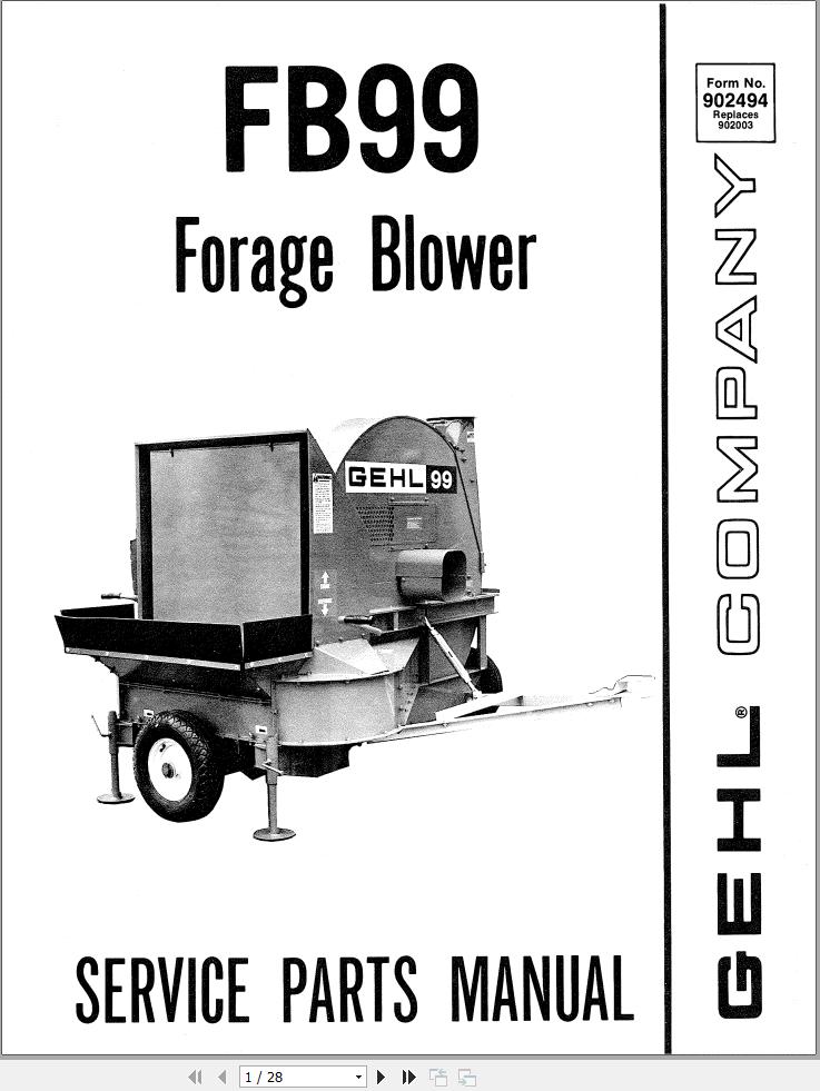 GEHL Forage Blower FB99 Service Parts Manual 902494A