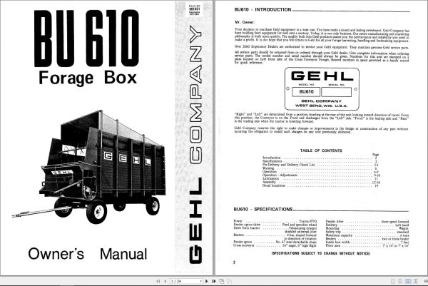 GEHL Forage Box BU610 Operators Manual 901651A