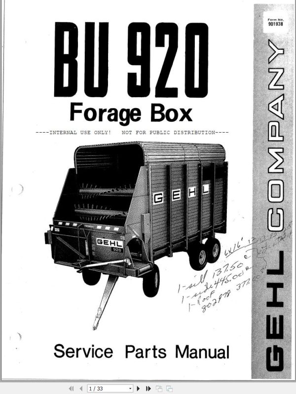 GEHL Forage Box BU920 Service Parts Manual 901938A