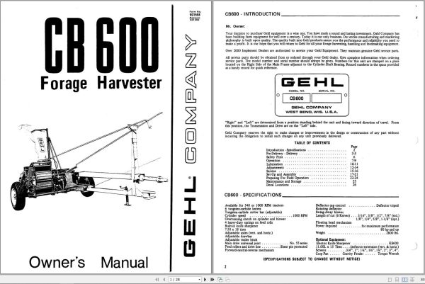 GEHL Forage Harvester CB600 Operators Manual 901558A
