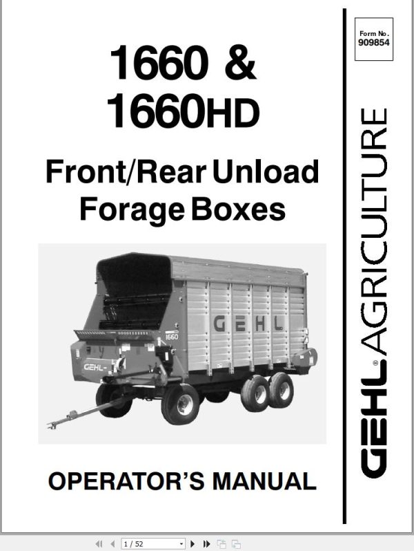GEHL Front Rear Unload Forage Box 1660 1660HD Operators Manual 909854A