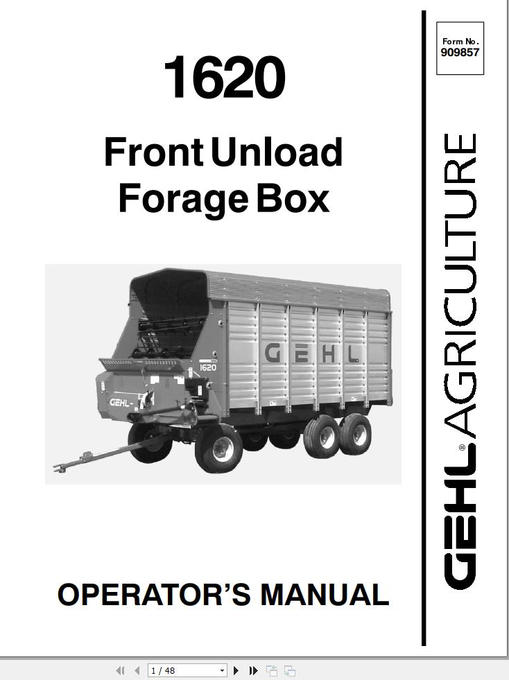 GEHL Front Unload Forage Box 1620 Operators Manual 909857A