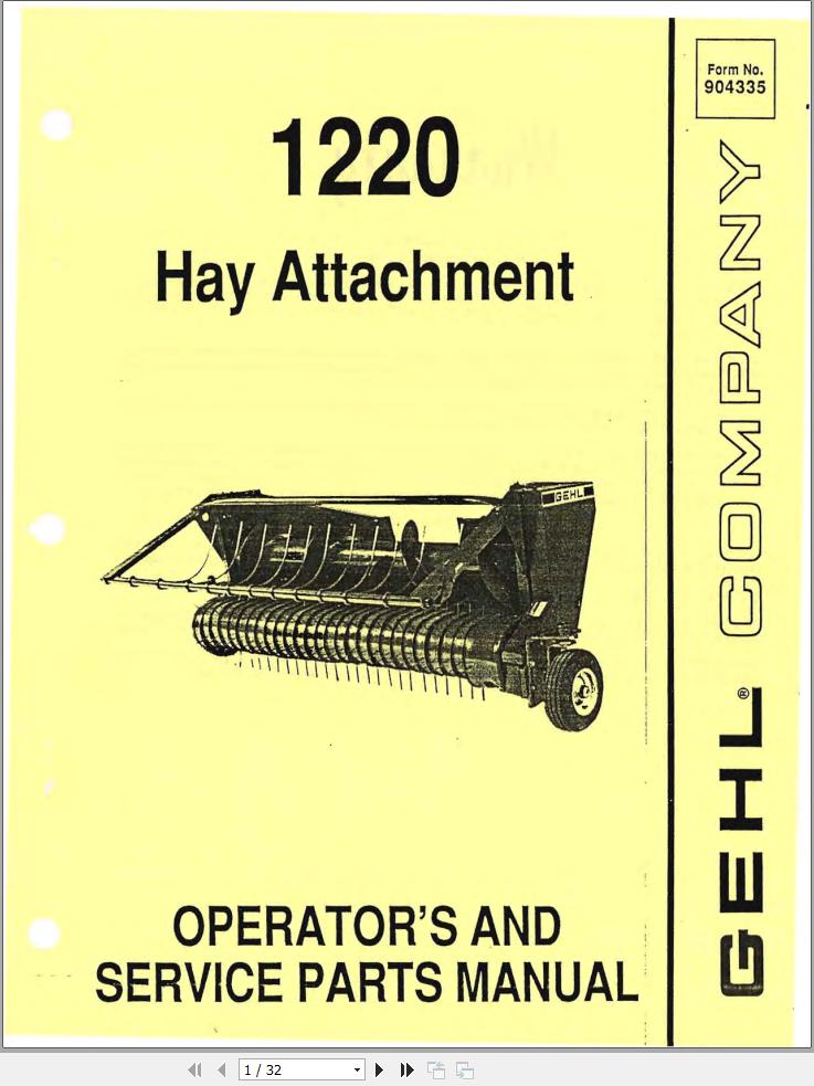 GEHL Hay Attachment 1220 Operators and Service Parts Manual 904335A