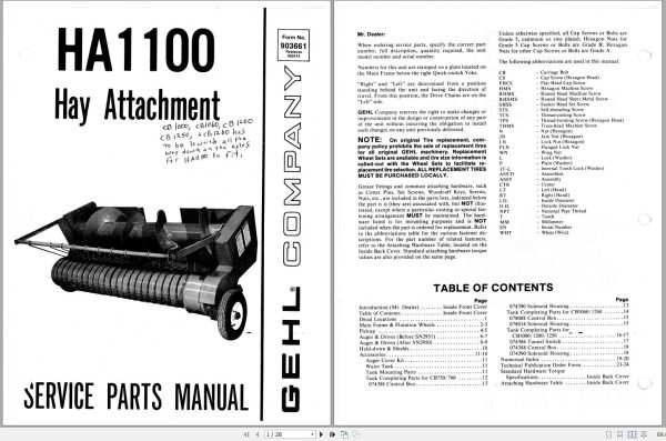 GEHL Hay Attachment HA1100 Service Parts Manual 903661A