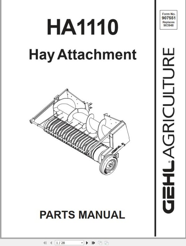 GEHL Hay Attachment HA1110 Parts Manual 907551A