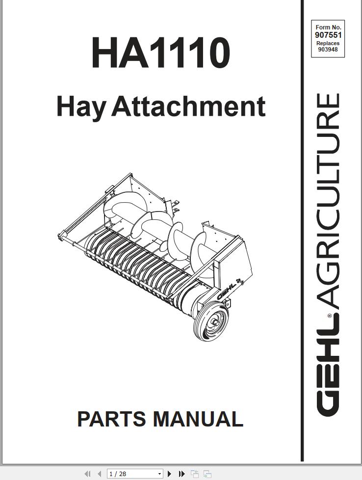 GEHL Hay Attachment HA1110 Parts Manual 907551A