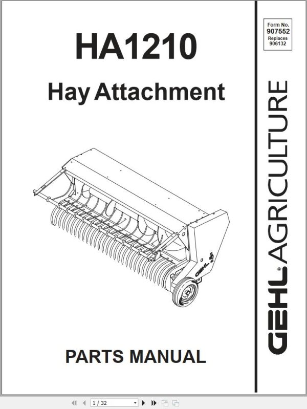 GEHL Hay Attachment HA1210 Parts Manual 907552A