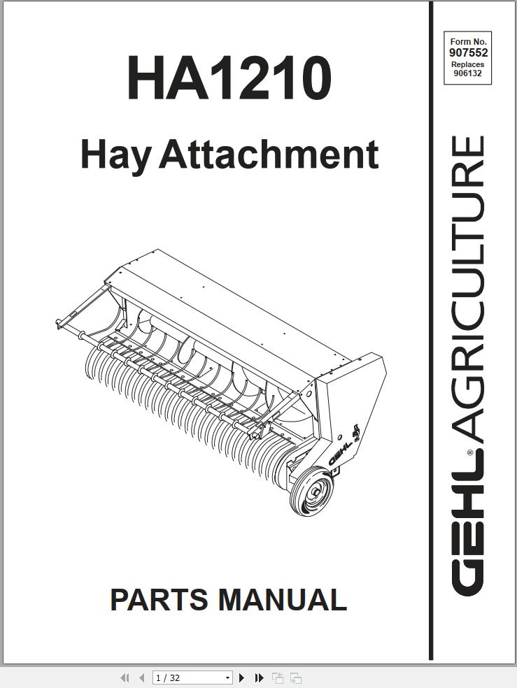 GEHL Hay Attachment HA1210 Parts Manual 907552A