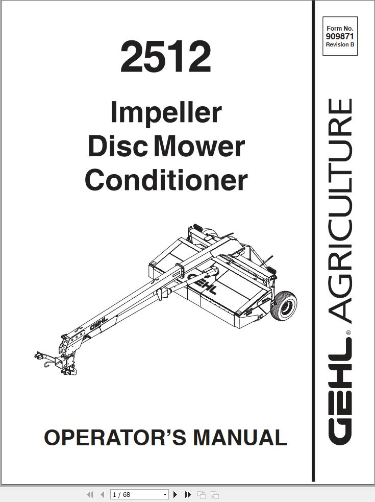 GEHL Impeller Disc Mower Conditioner 2512 Operators Manual 909871B