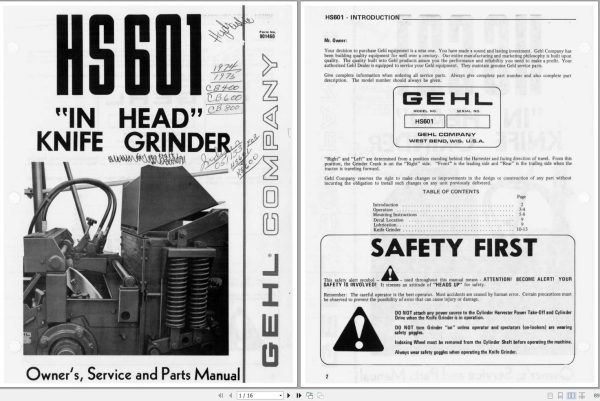 GEHL Knife Grinder HS601 Service and Parts Manual 901460C