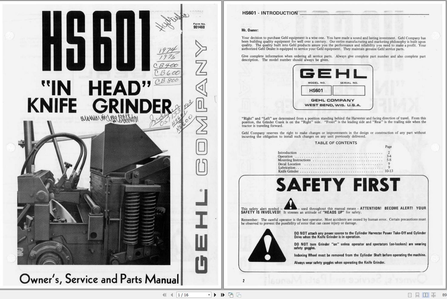 GEHL Knife Grinder HS601 Service and Parts Manual 901460C