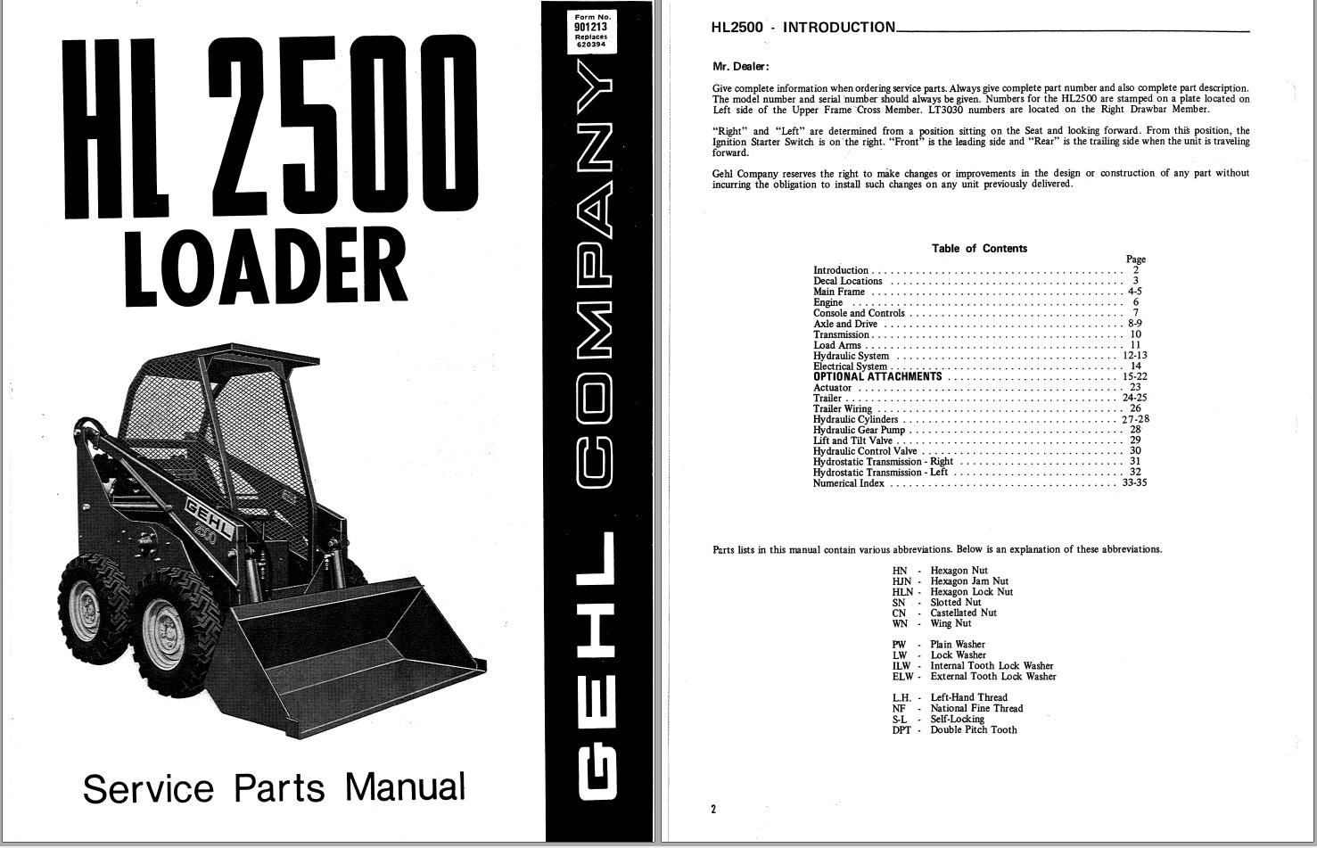 GEHL Loader HL2500 Service Parts Manual 901213A