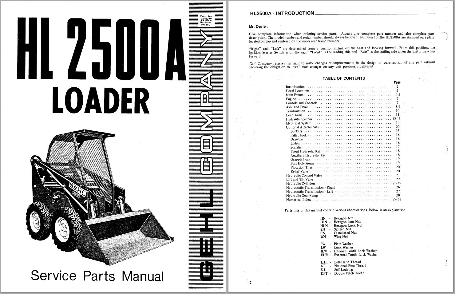GEHL Loader HL2500A Service Parts Manual 901572A