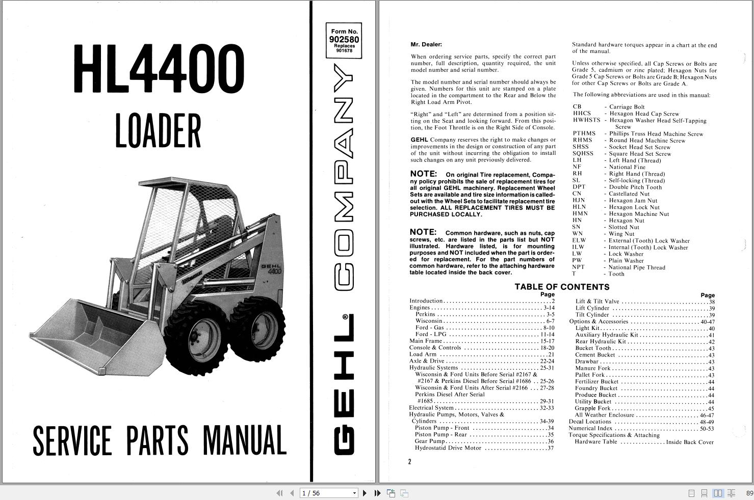GEHL Loader HL4400 Service Parts Manual 902580A