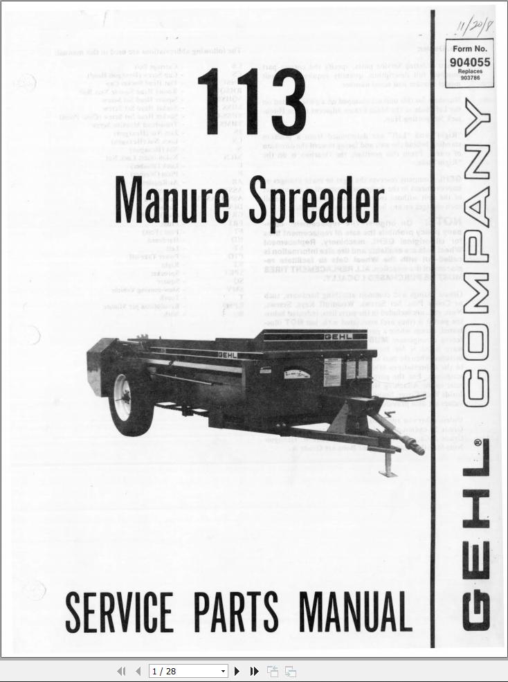 GEHL Manure Spreader 113 Service Parts Manual 904055A
