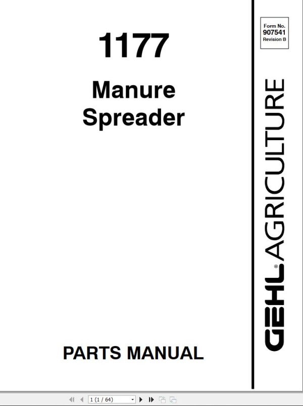 GEHL Manure Spreader 1177 Parts Manual 907541B