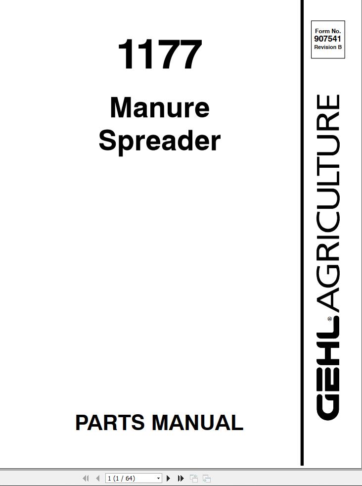 GEHL Manure Spreader 1177 Parts Manual 907541B