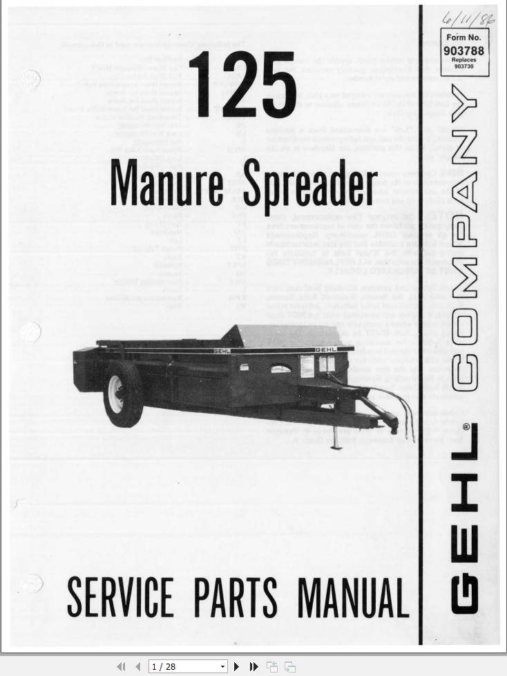 GEHL Manure Spreader 125 Service Parts Manual 903788A