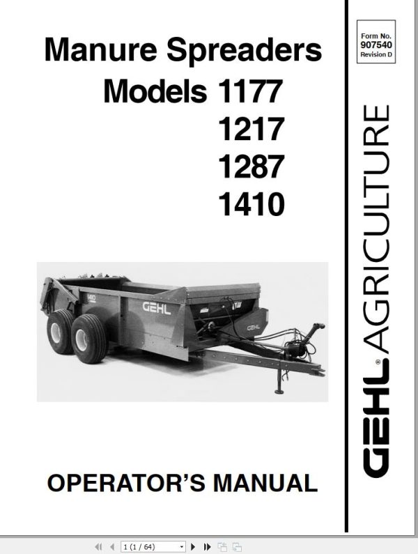 GEHL Manure Spreaders 1177 1277 1287 1410 Operators Manual 907540D