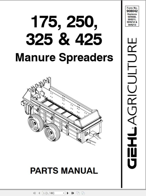 GEHL Manure Spreaders 175 250 325 425 Parts Manual 908042A