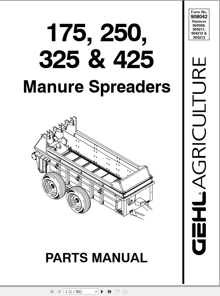 GEHL Manure Spreaders 175 250 325 425 Parts Manual 908042A