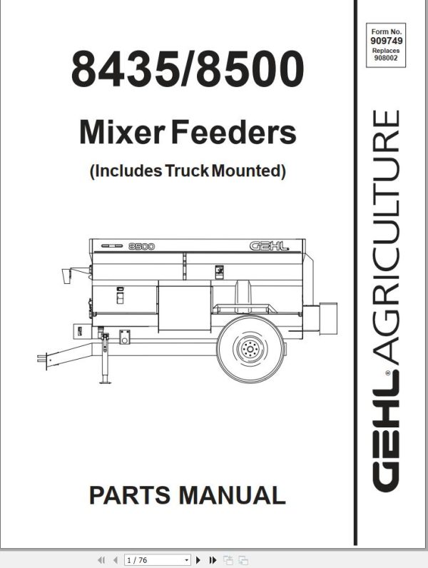 GEHL Mixer Feeders 8435 8500 Parts Manual 909749B