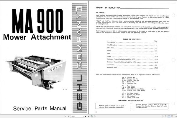 GEHL Mower Attachment MA900 Service Parts Manual 901859A