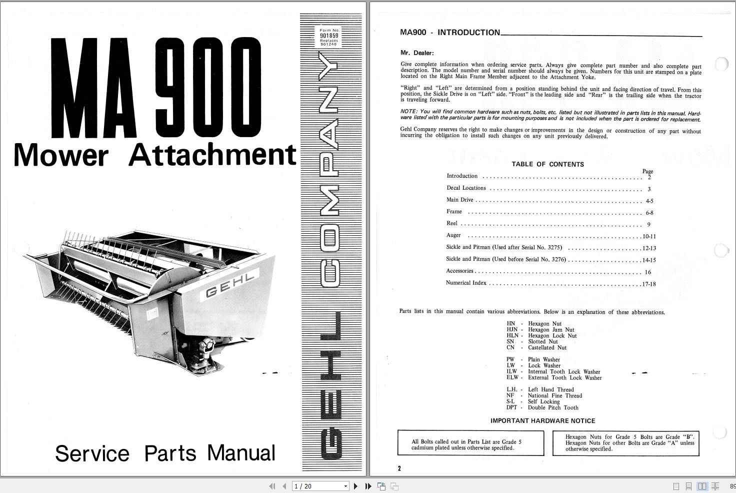 GEHL Mower Attachment MA900 Service Parts Manual 901859A