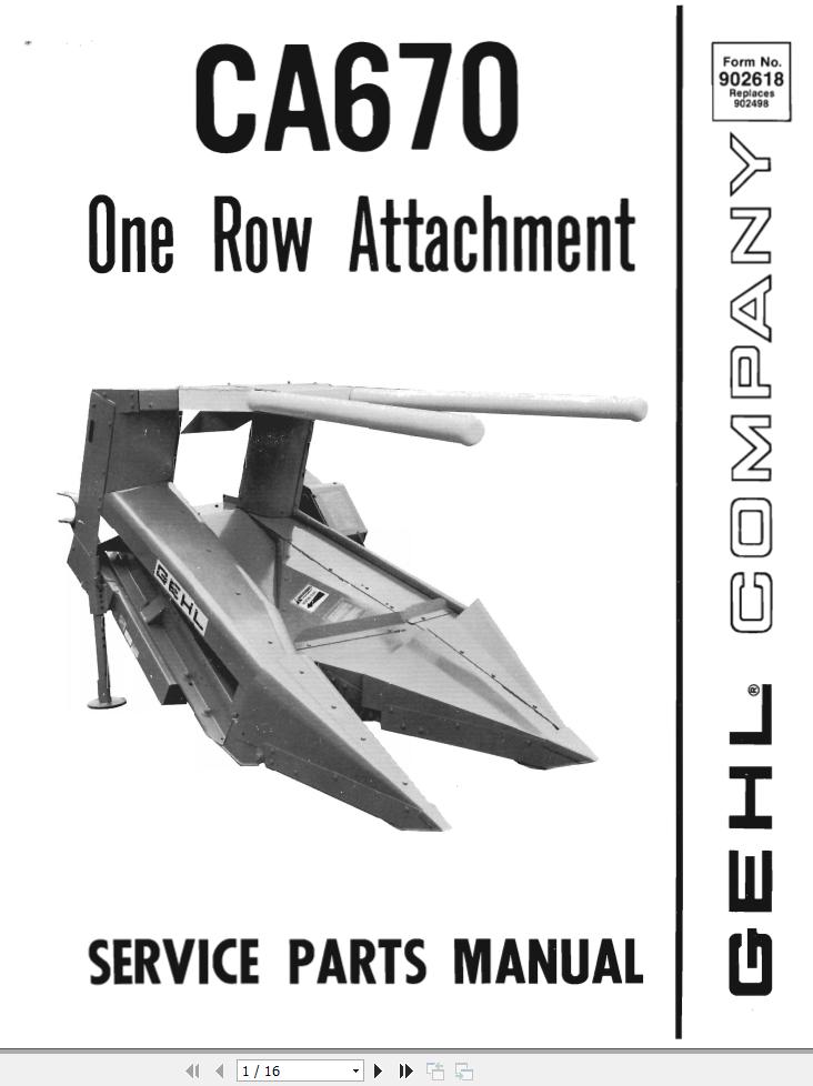 GEHL One Row Attachment CA670 Service Parts Manual 902618A