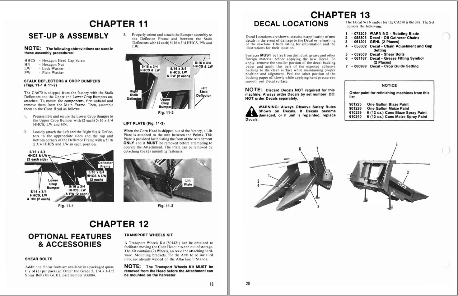 GEHL One Row Crop Attachment CA670 Operators Manual 902566A 1