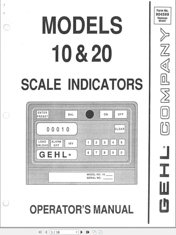 GEHL Scale Indicator Model 10 And 20 Operators Manual 904599A