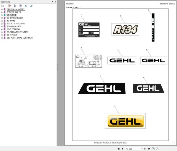 GEHL Skid Loader R134 Parts Manual
