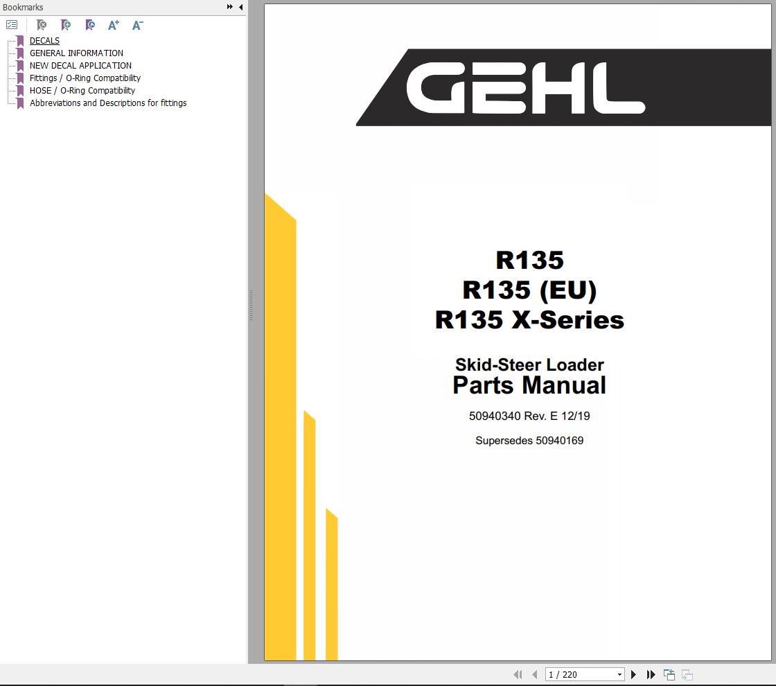 GEHL Skid Steer Loader R135 R135 X Series Parts Manual 50940340E