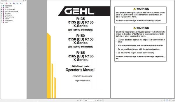 GEHL Skid Steer Loader R135 to R165 X Series Operators Manual 50940193M