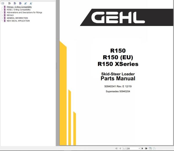 GEHL Skid Steer Loader R150 R150 X Series Parts Manual 50940341E