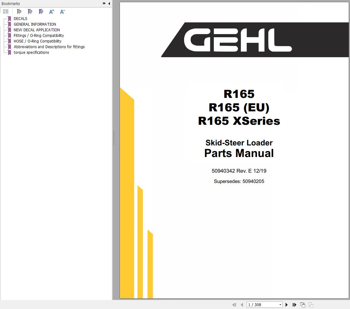 GEHL Skid Steer Loader R165 R165 X Series Parts Manual 50940342E
