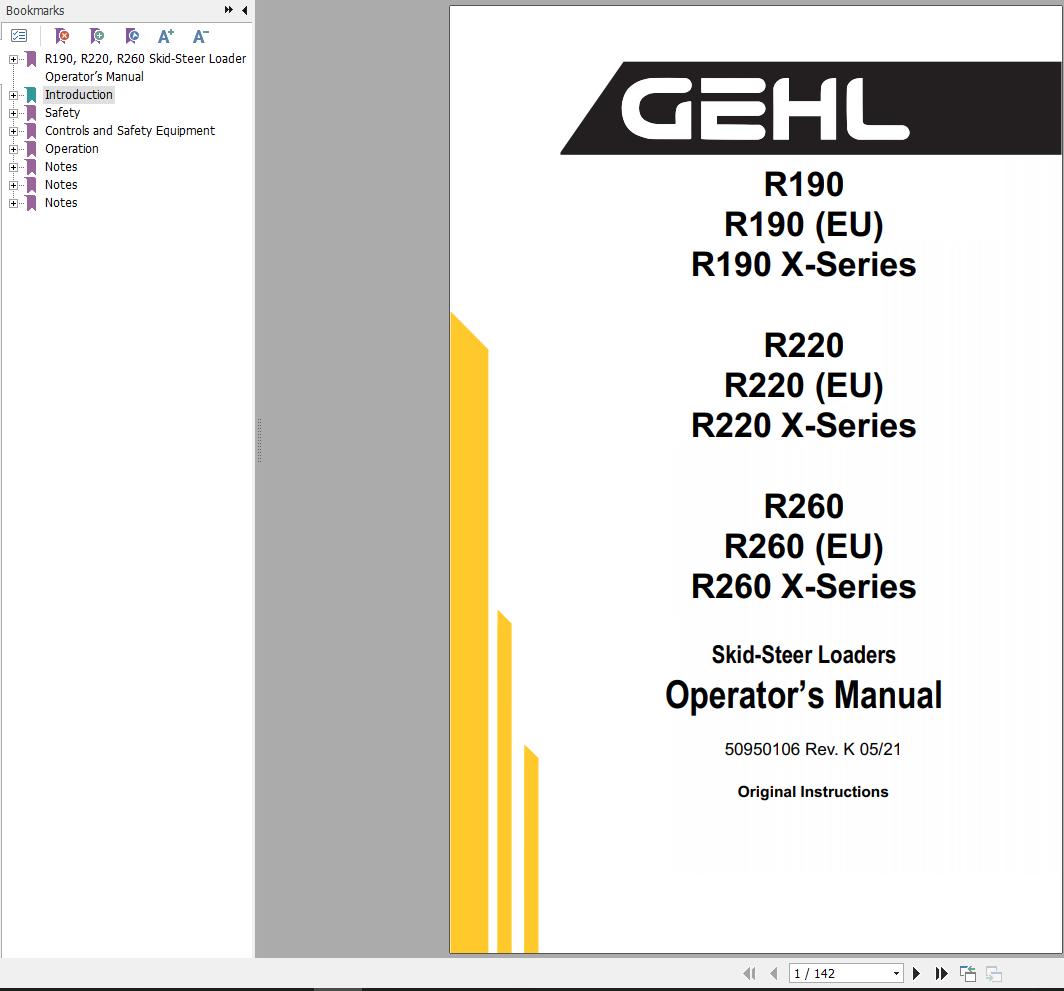 GEHL Skid Steer Loader R190 to R260 X Series Operators Manual 50950106K