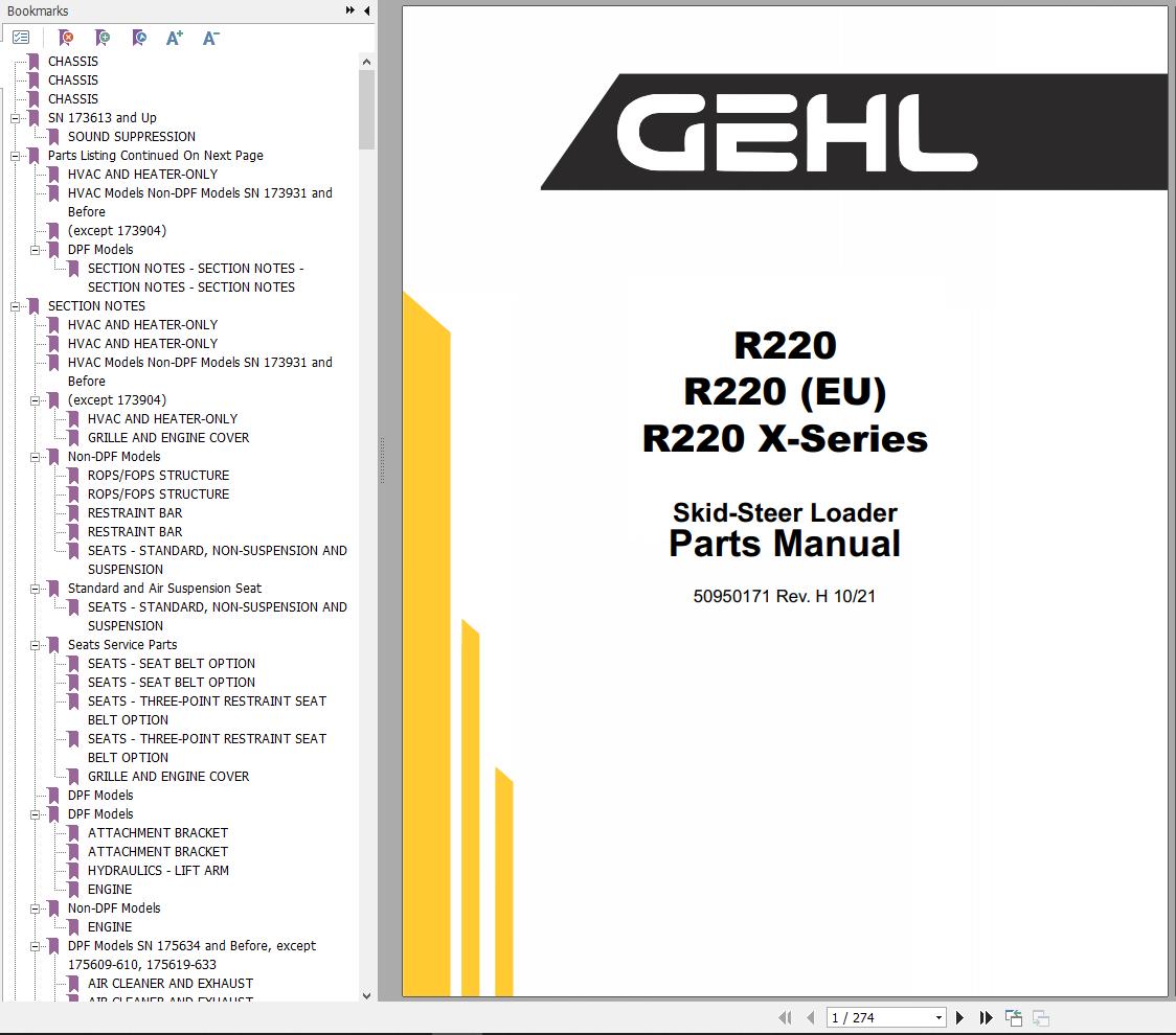GEHL Skid Steer Loader R220 R220 X Series Parts Manual 50950171H